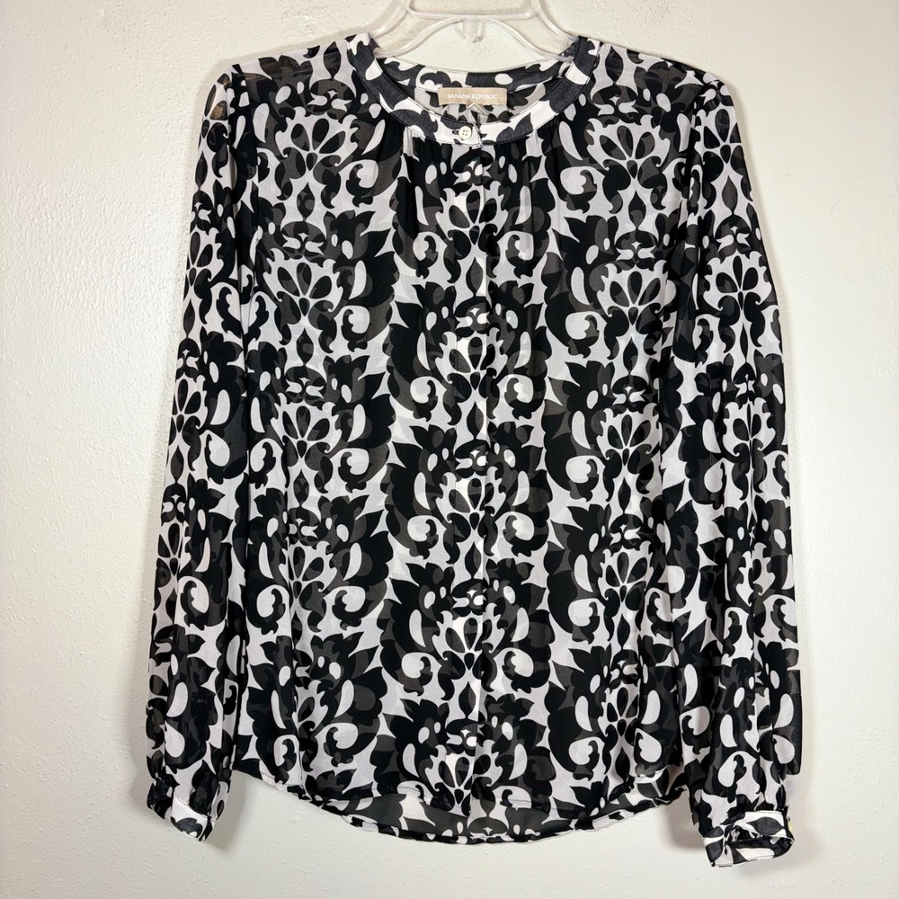 Banana Republic Black White Abstract Damask Print Chiffon Blouse Small 970468‎